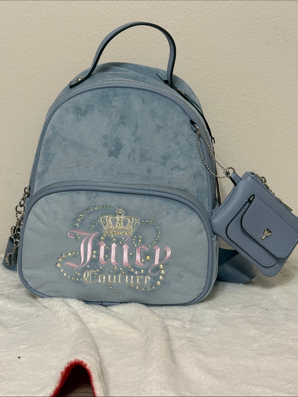 Juicy Couture Powder Blue Suede-Style Backpack with Coin Pouch